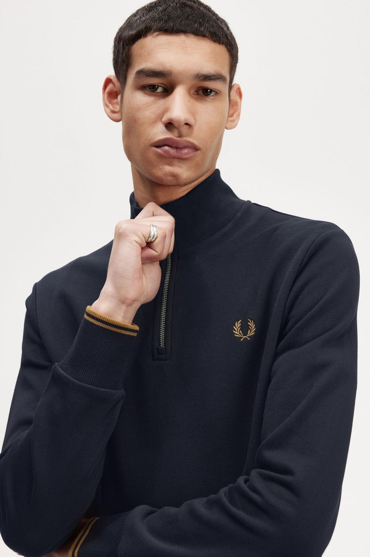 Fred Perry Half Zip Sweatshirt - Navy/Dark Caramel