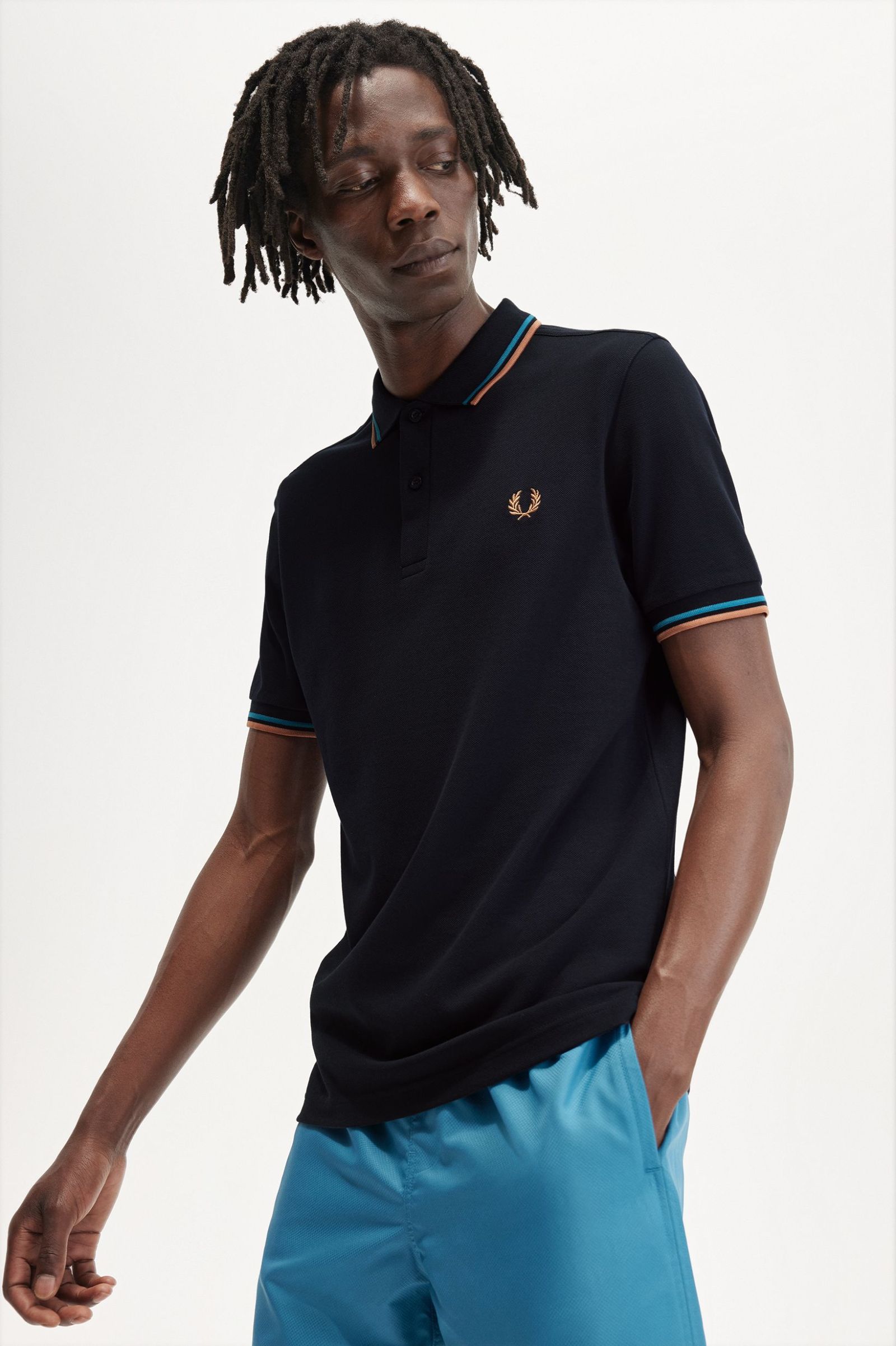 Fred Perry Twin Tipped Polo Shirt - Navy/ Cyber Blue/ Light Rust