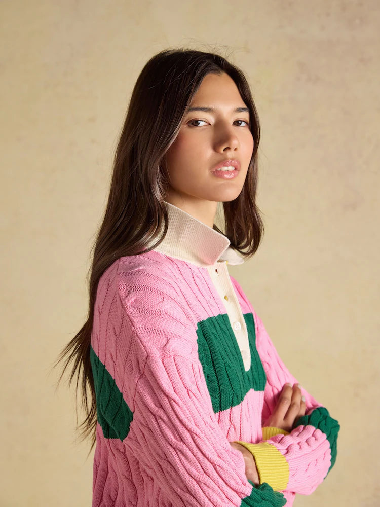 Joules Pink & Green Striped Cotton Cable Knit Rugby Jumper