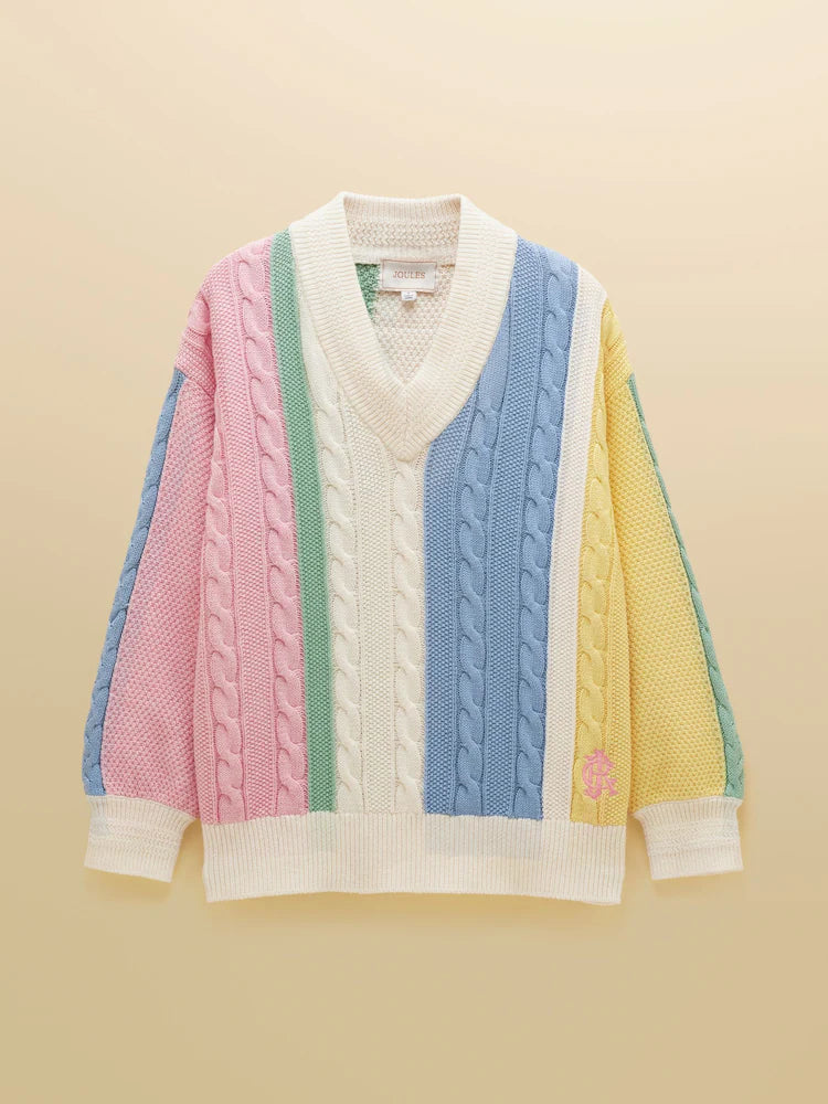 Joules Multi Stripe Cable Knit Cricket Cotton Jumper