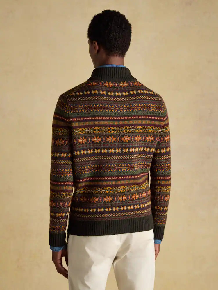Joules Milligan Wool-Rich Green Quarter Zip Fair Isle Jumper