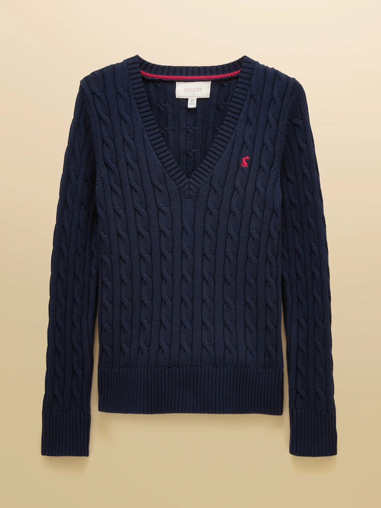 Joules Navy Classic V-Neck Cotton Cable Knit Jumper
