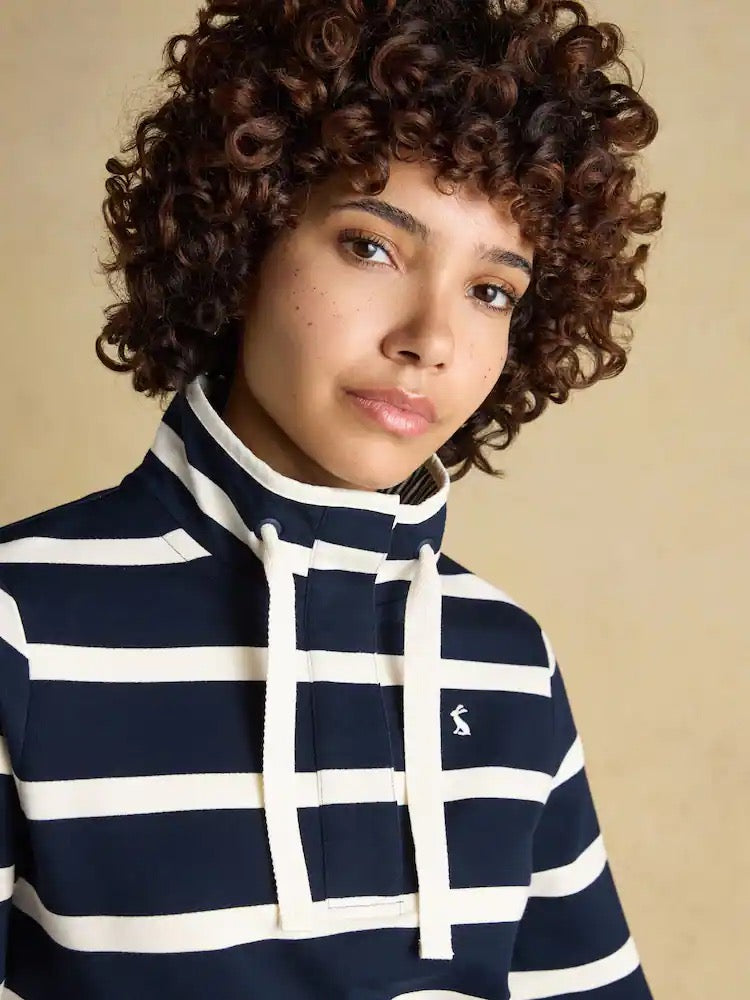 Joules Saunton Navy & Cream Striped Cotton Blend Sweatshirt with Buttoned Funnel Neck
