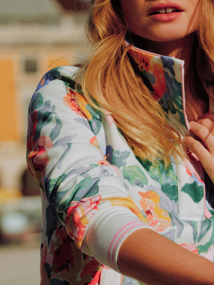 Joules Burnham White Floral Quarter Zip Sweatshirt With Funnel Neck