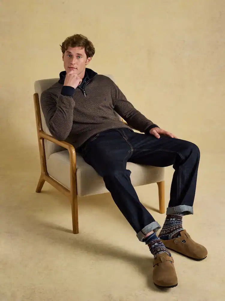 Joules Hillside Navy & Brown Striped Quarter Zip Knitted Jumper