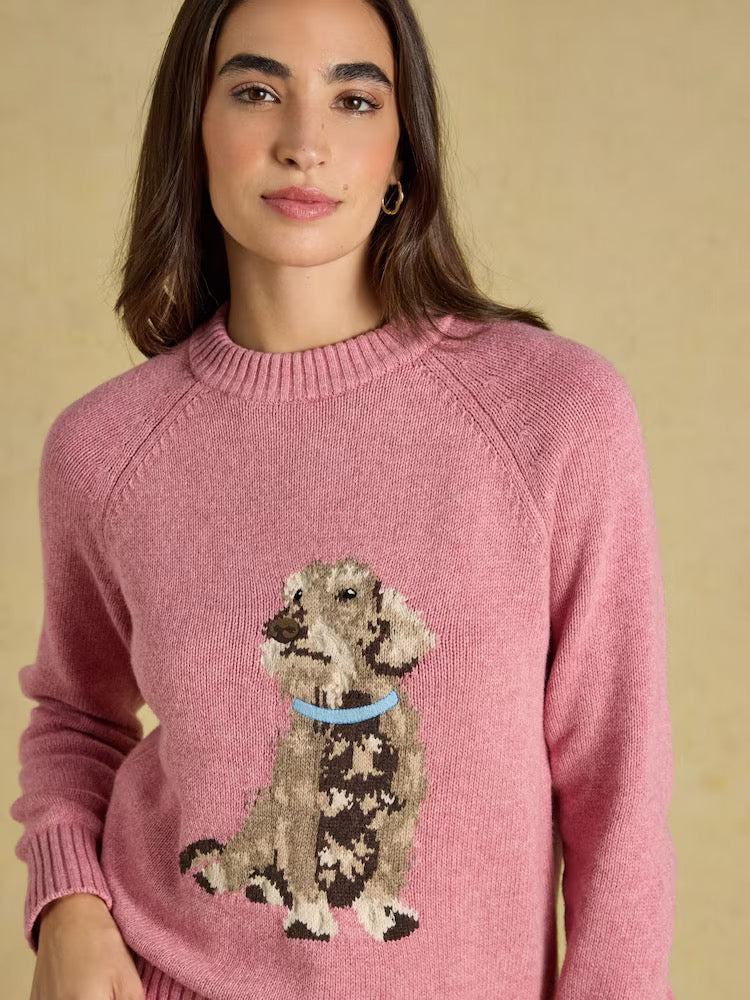 Joules Dashchund Dog Pink Cotton Blend Crew Neck Knitted Jumper