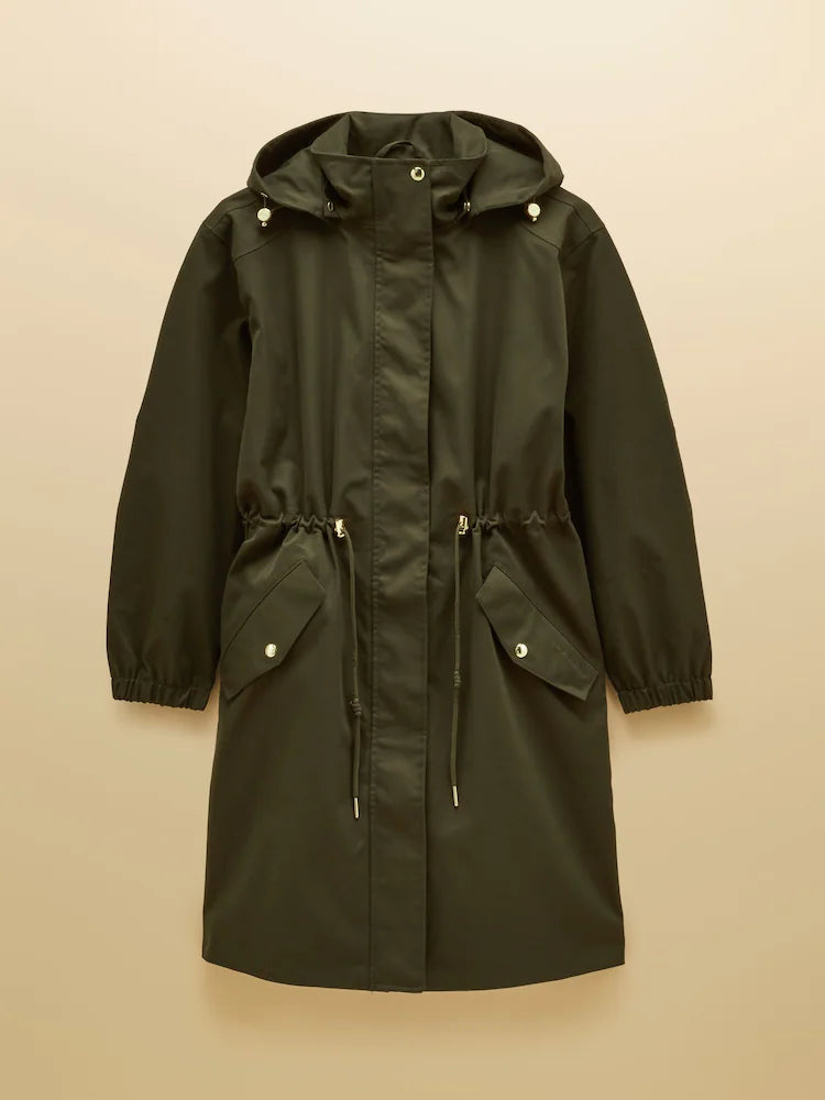 Joules Stormwell Khaki Green Waterproof Longline Raincoat with Hood