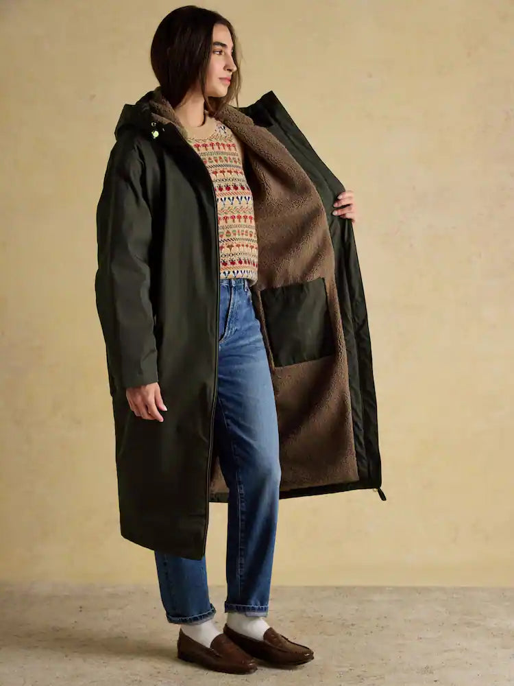 Joules Coverall Green Oversized Fleece Lined Waterproof Coat