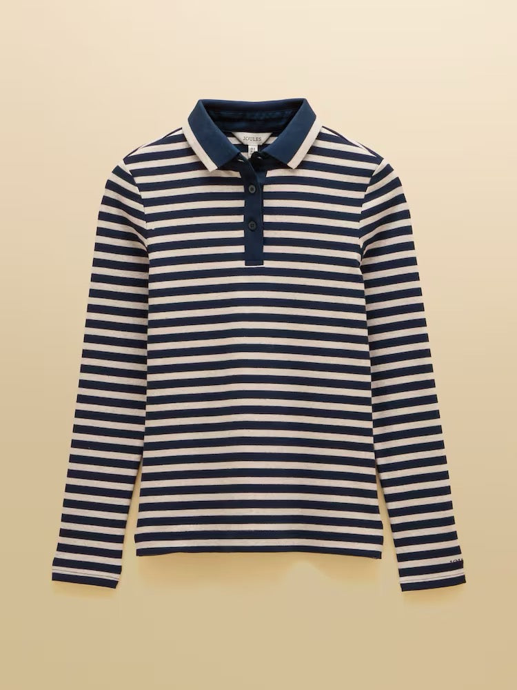 Joules Fairfield Navy/Oat Marl Ribbed Long Sleeve Collared Jersey Top