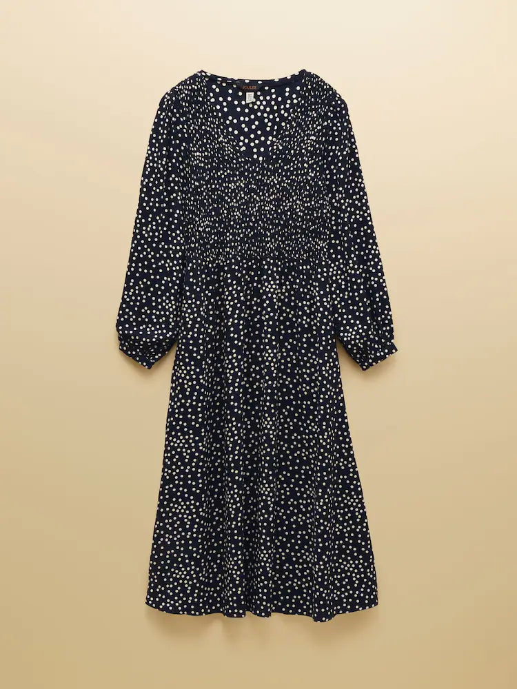 Joules Liliana Navy Spot Shirred V-Neck Midi Dress