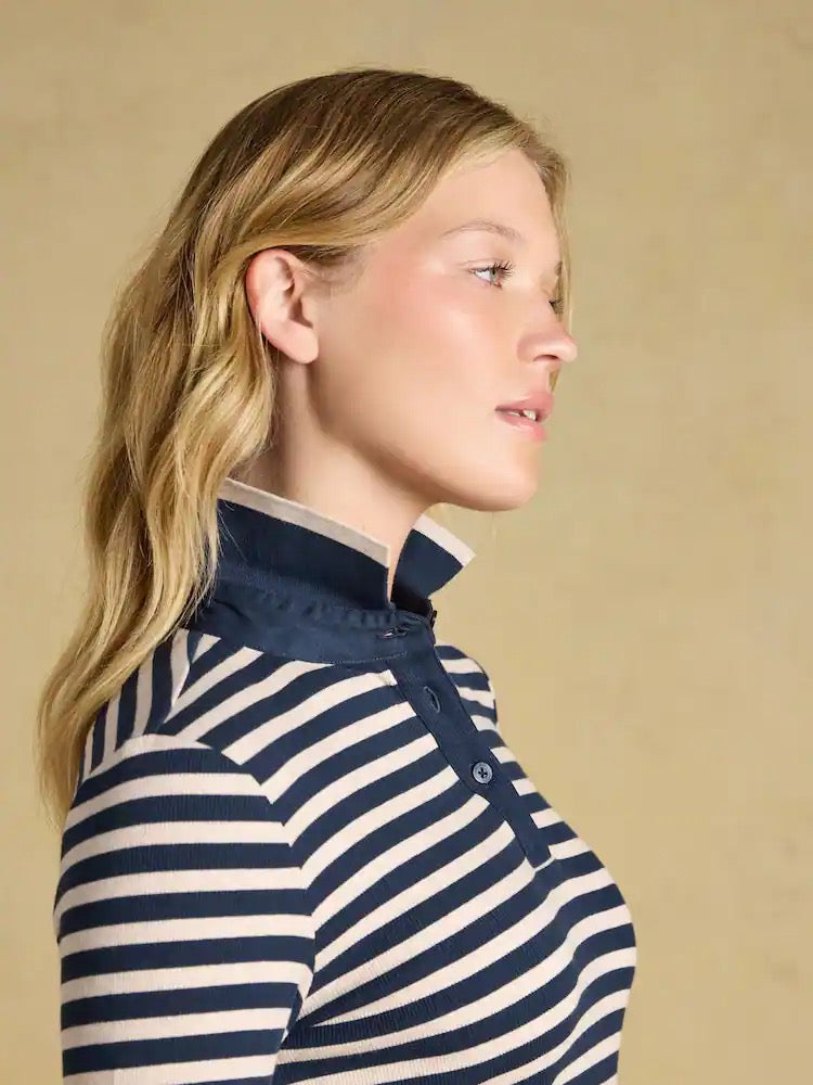 Joules Fairfield Navy/Oat Marl Ribbed Long Sleeve Collared Jersey Top