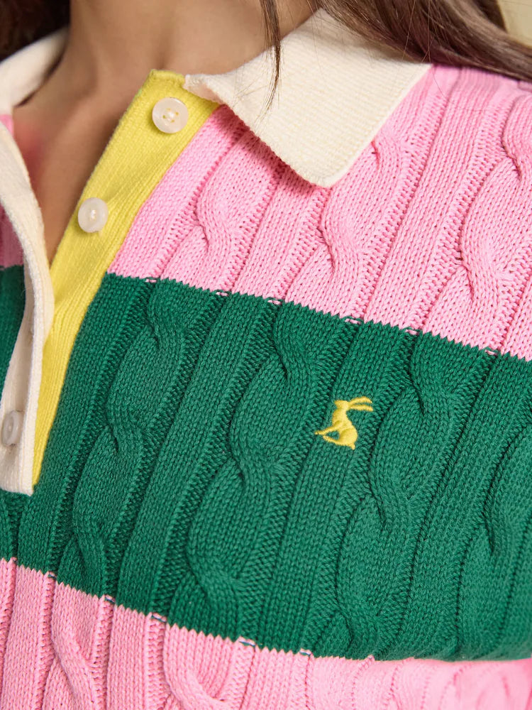 Joules Pink & Green Striped Cotton Cable Knit Rugby Jumper