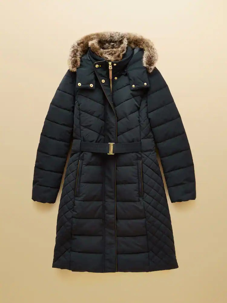 Joules Aspen Navy Showerproof Longline Padded Coat with Faux Fur Hood