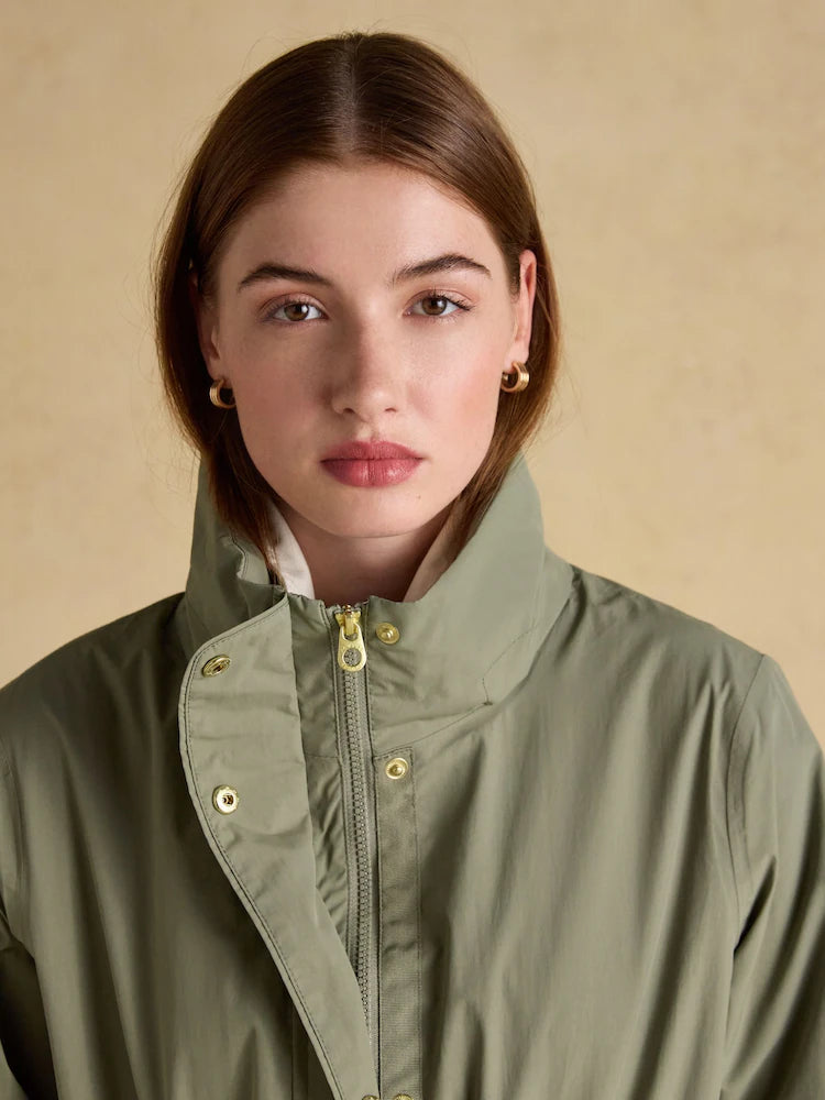 Joules Hensley Khaki Green Longline Waterproof Coat with Packable Hood