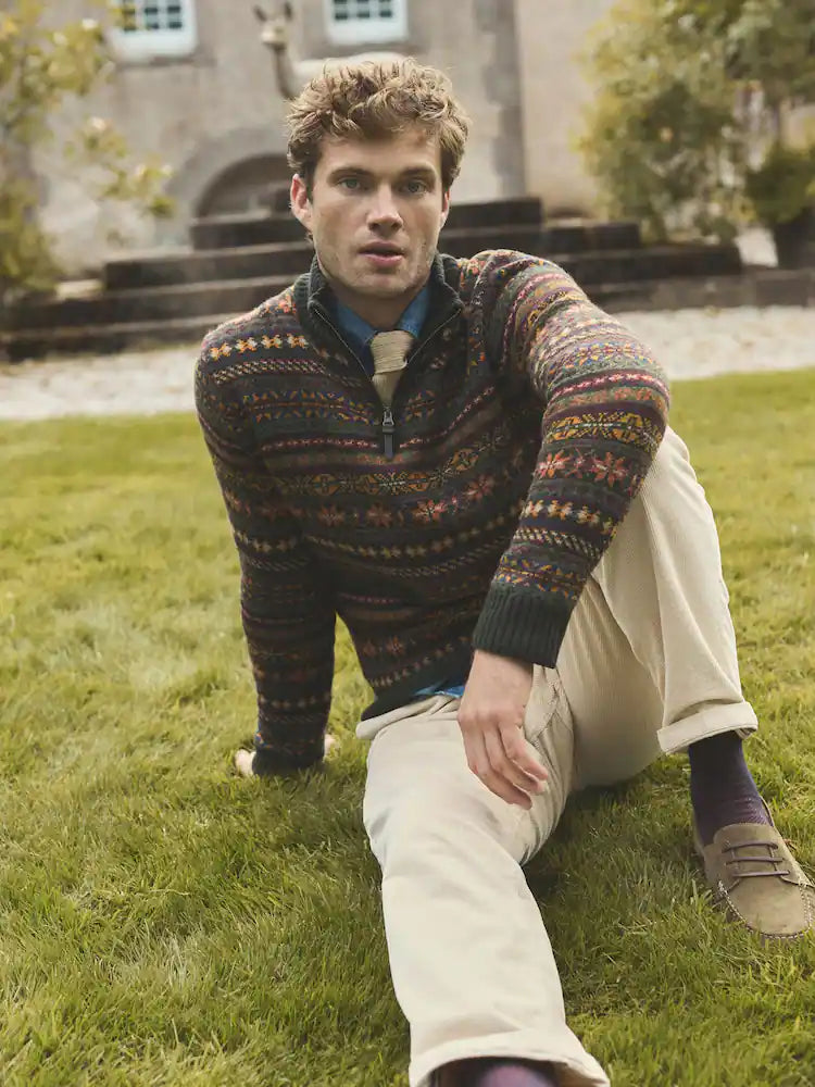 Joules Milligan Wool-Rich Green Quarter Zip Fair Isle Jumper