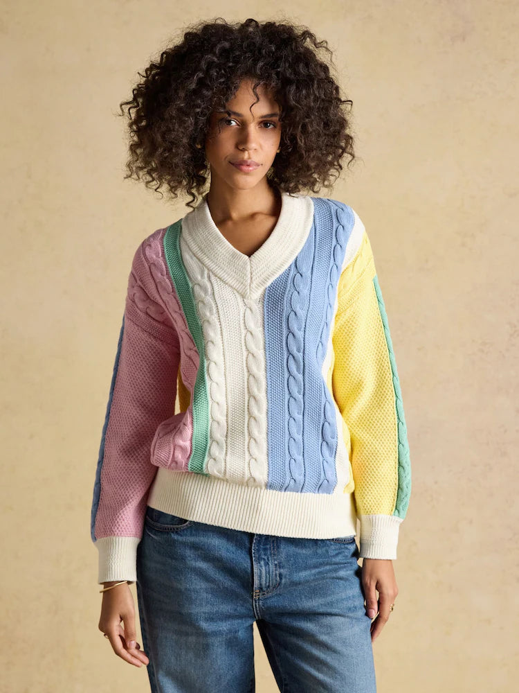 Joules Multi Stripe Cable Knit Cricket Cotton Jumper