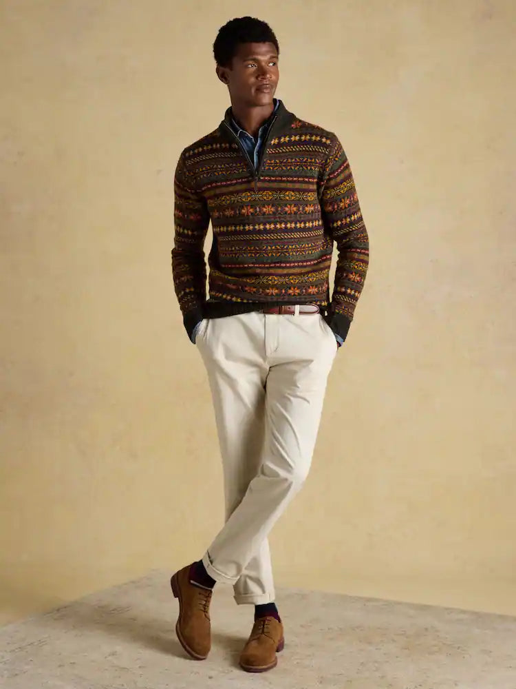 Joules Milligan Wool-Rich Green Quarter Zip Fair Isle Jumper