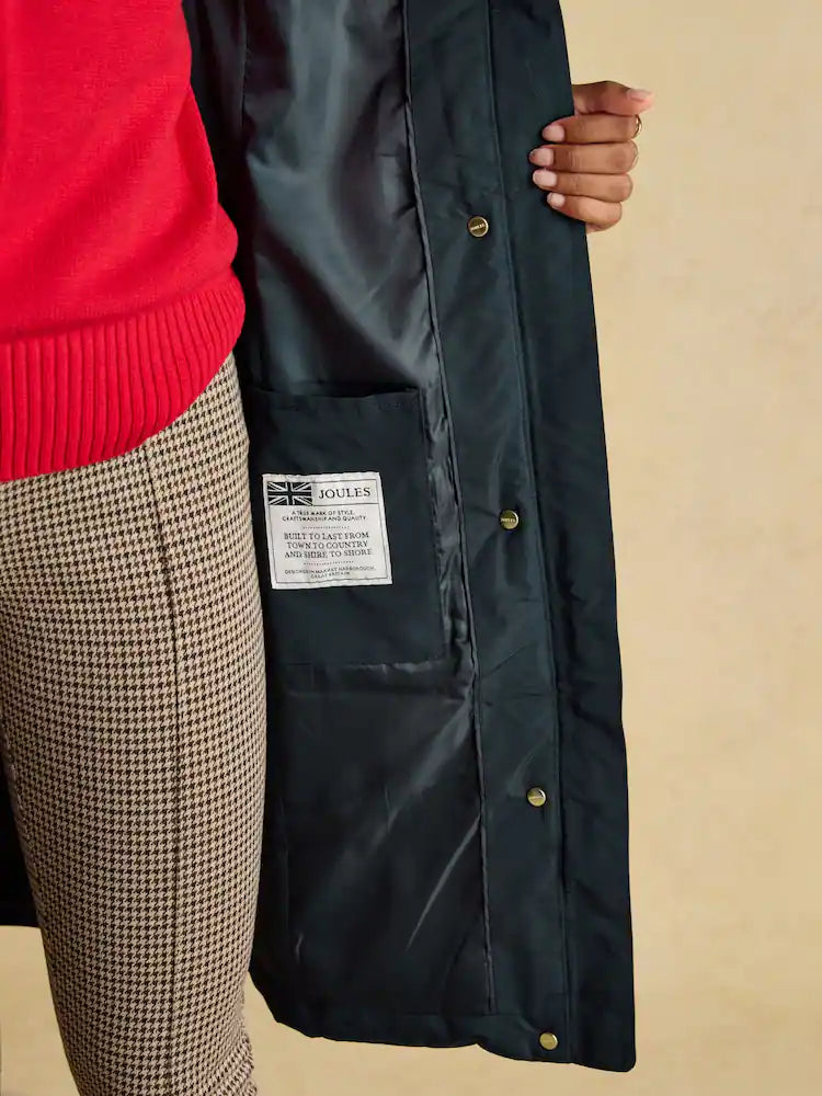 Joules Aspen Navy Showerproof Longline Padded Coat with Faux Fur Hood