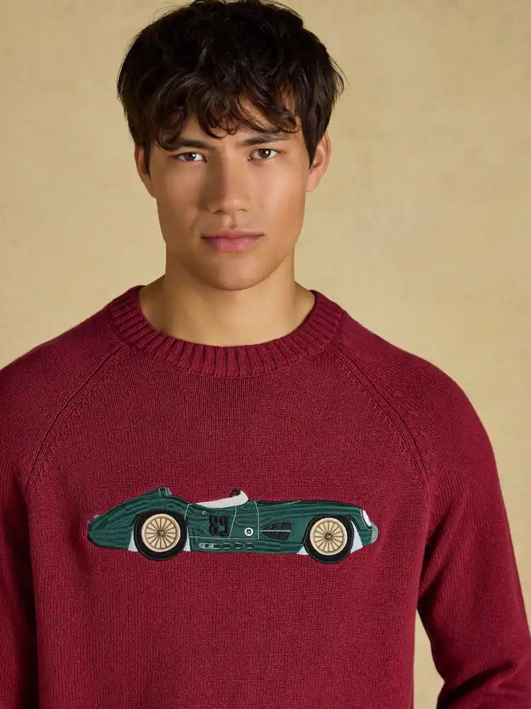 Joules Intarsia Crew Neck Burgundy Car Jumper