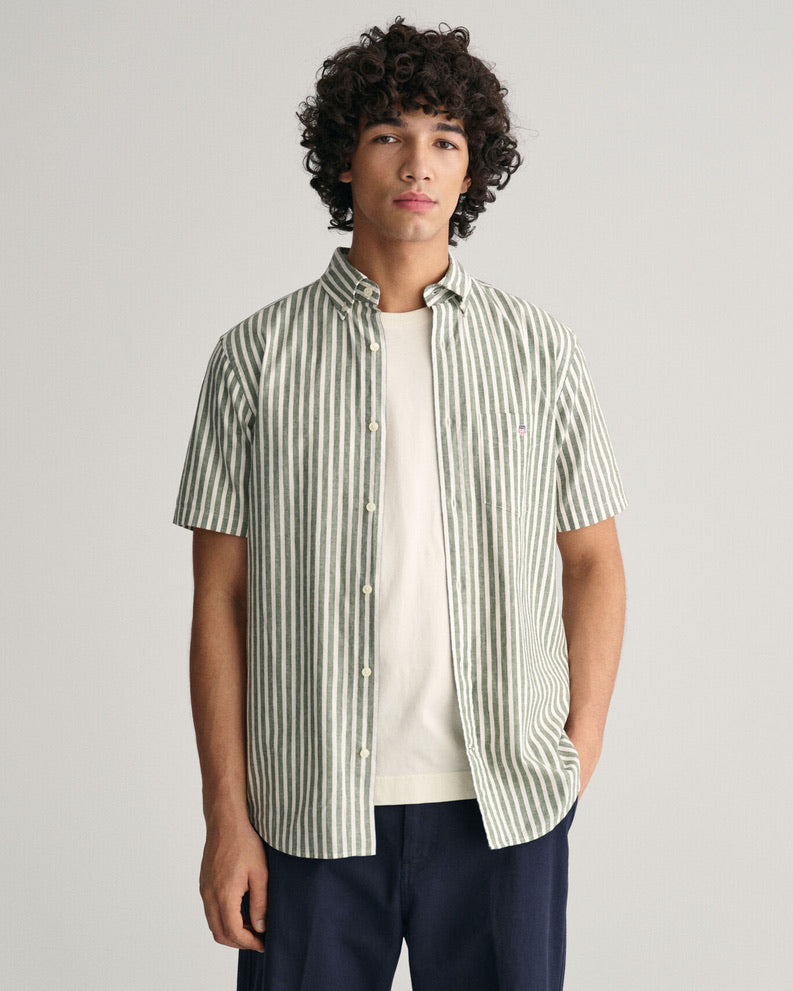 Gant regular Fit Cotton Linen Stripe Short Sleeved Shirt - Pine Green