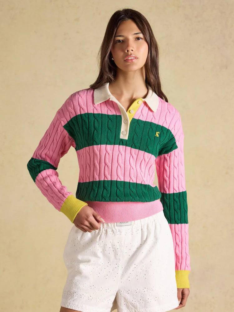 Joules Pink & Green Striped Cotton Cable Knit Rugby Jumper