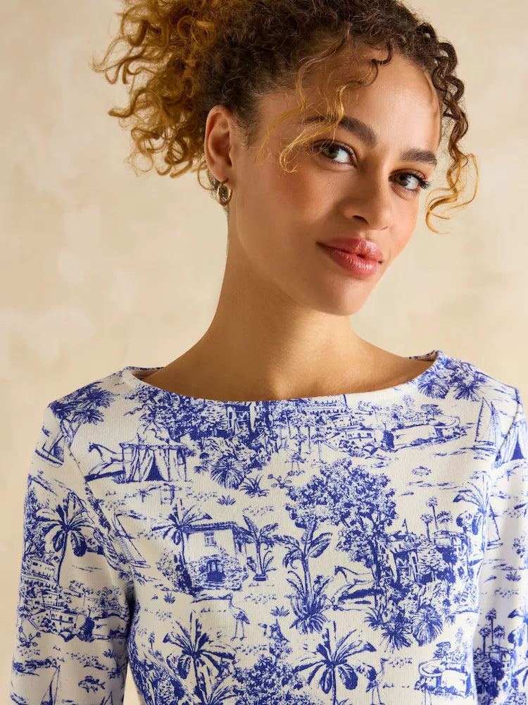 Joules Harbour Blue Toile de Jouy Boat Neck Printed Top