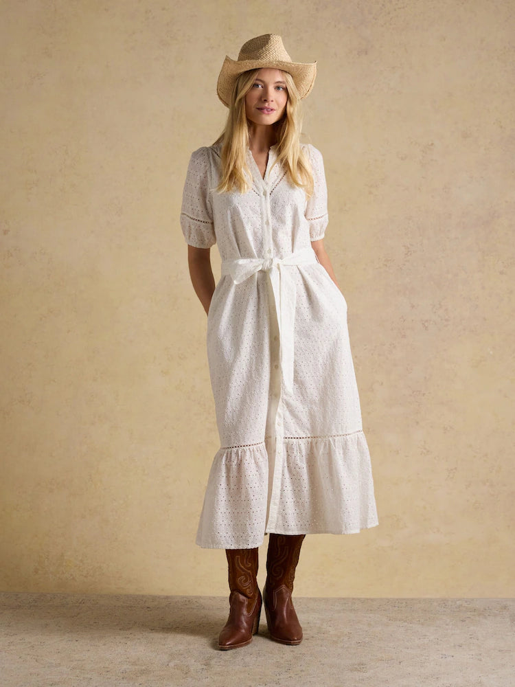 Joules Susanna Chalk White Short Sleeve Broderie Midi Dress