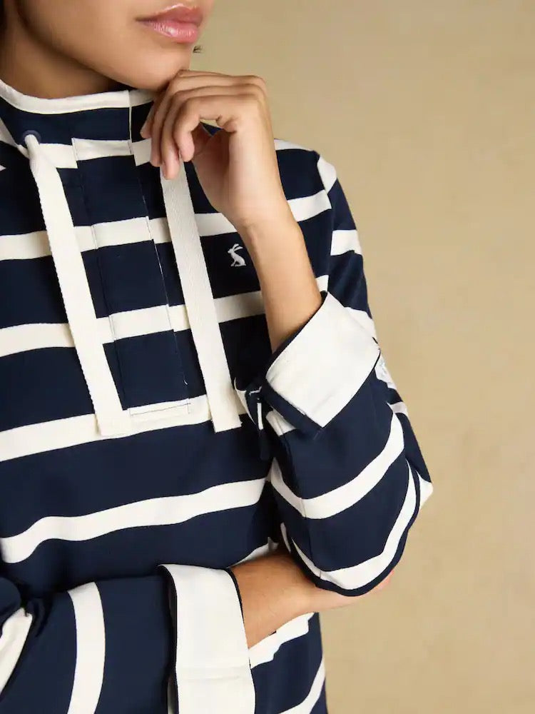 Joules Saunton Navy & Cream Striped Cotton Blend Sweatshirt with Buttoned Funnel Neck