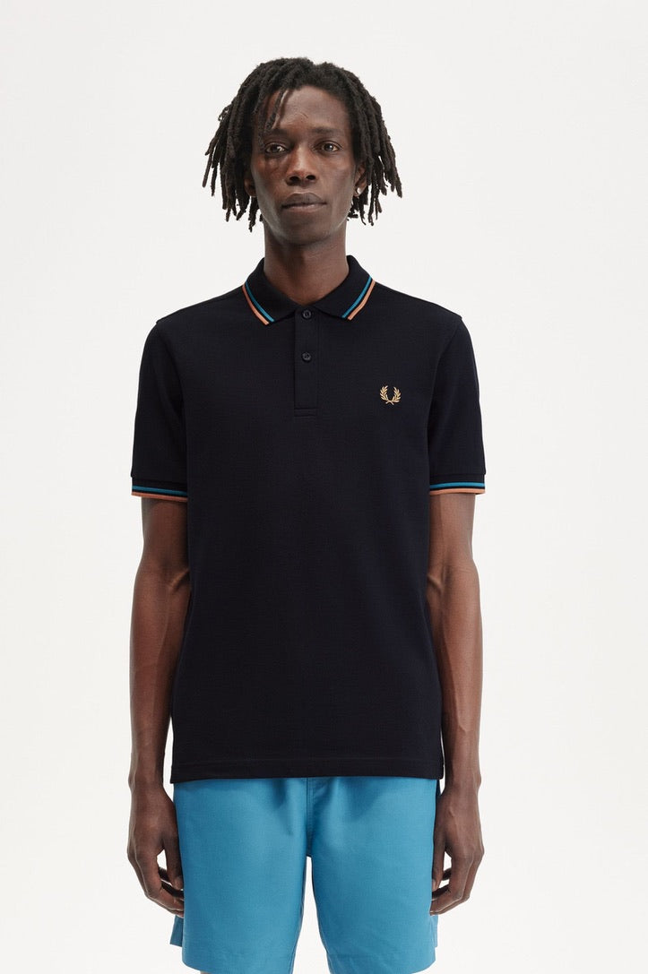Fred Perry Twin Tipped Polo Shirt - Navy/ Cyber Blue/ Light Rust