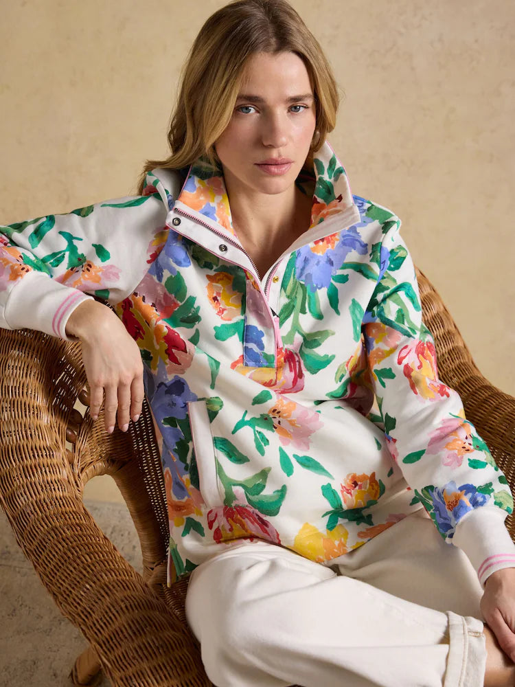 Joules Burnham White Floral Quarter Zip Sweatshirt With Funnel Neck