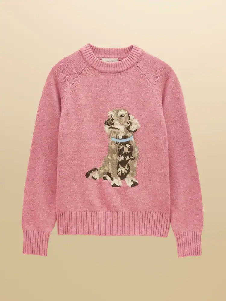 Joules Dashchund Dog Pink Cotton Blend Crew Neck Knitted Jumper
