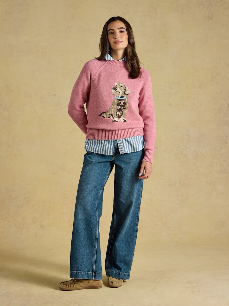 Joules Dashchund Dog Pink Cotton Blend Crew Neck Knitted Jumper
