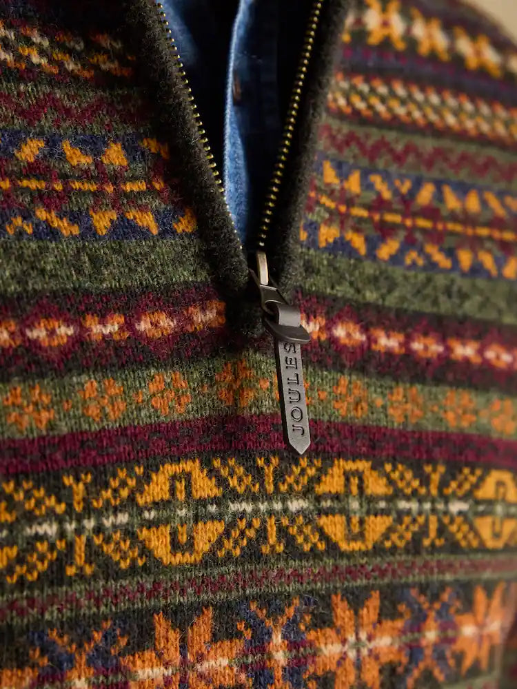 Joules Milligan Wool-Rich Green Quarter Zip Fair Isle Jumper