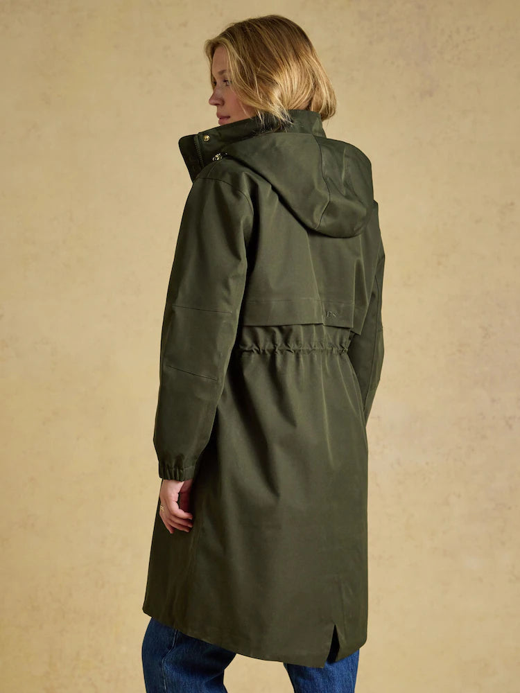 Joules Stormwell Khaki Green Waterproof Longline Raincoat with Hood