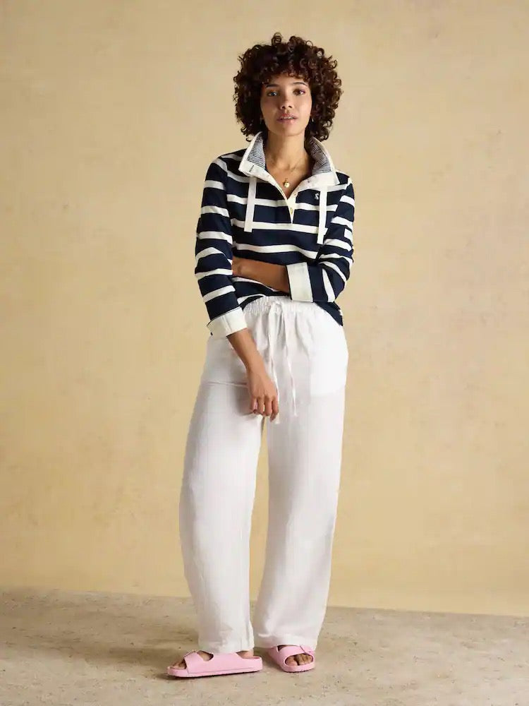 Joules Saunton Navy & Cream Striped Cotton Blend Sweatshirt with Buttoned Funnel Neck