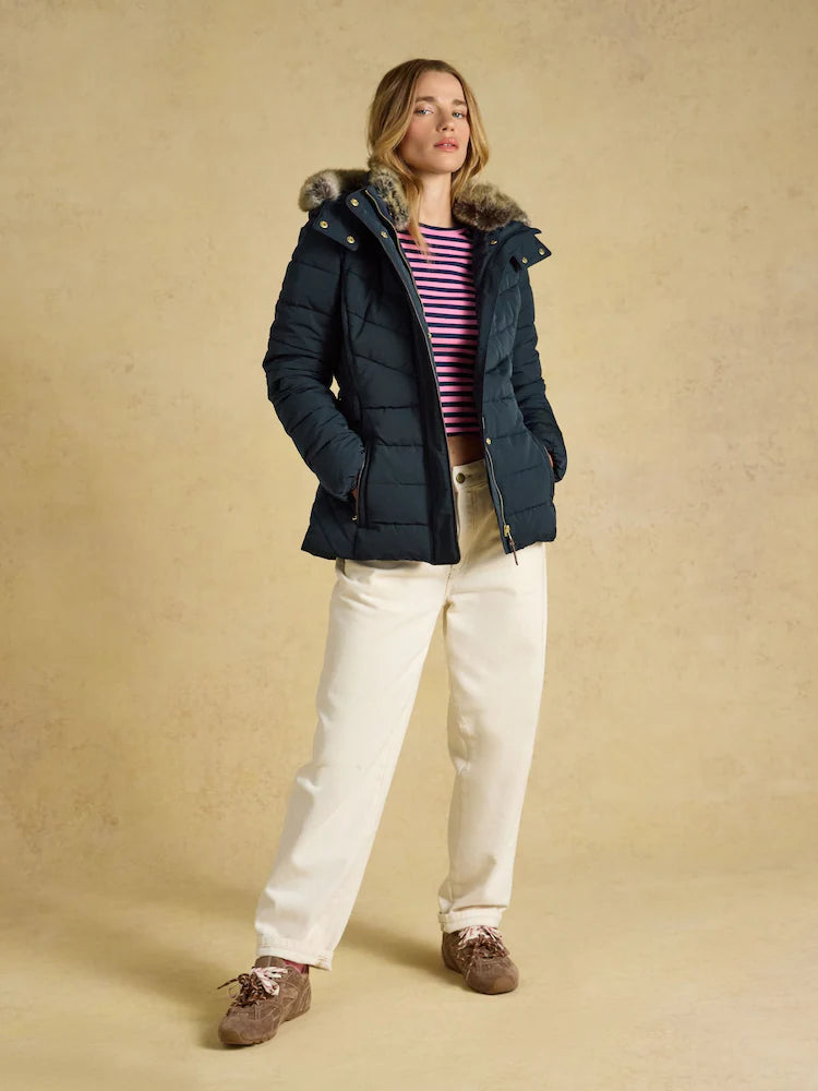 Joules Aspen Navy Showerproof Padded Coat with Faux Fur Hood