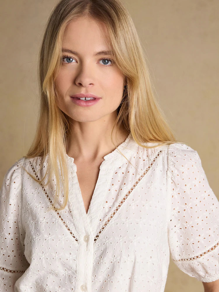 Joules Susanna Chalk White Short Sleeve Broderie Midi Dress