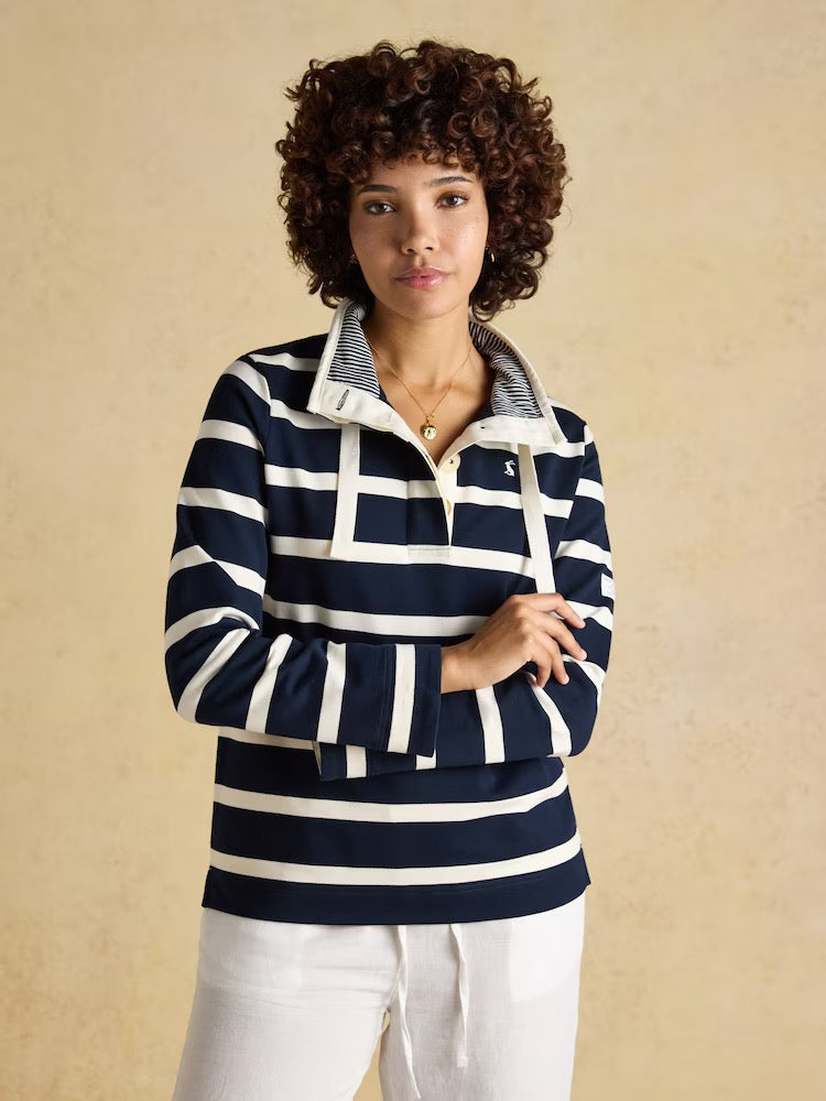 Joules Saunton Navy & Cream Striped Cotton Blend Sweatshirt with Buttoned Funnel Neck
