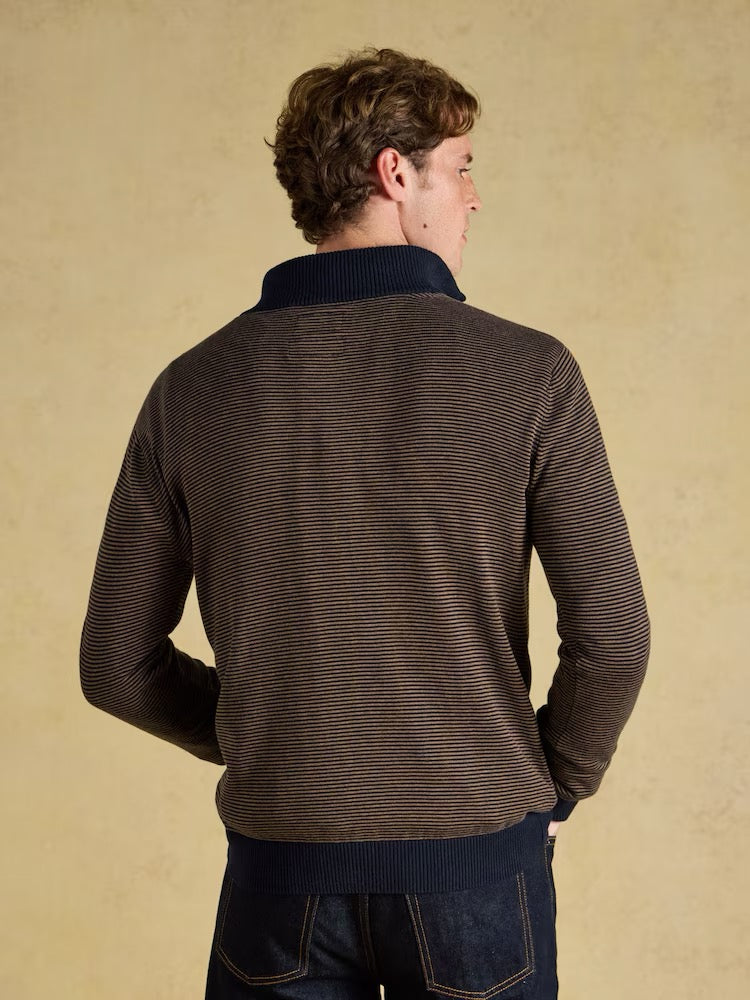 Joules Hillside Navy & Brown Striped Quarter Zip Knitted Jumper
