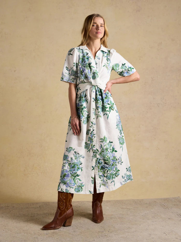 Joules Marina White & Blue Floral Midi Linen Blend Dress