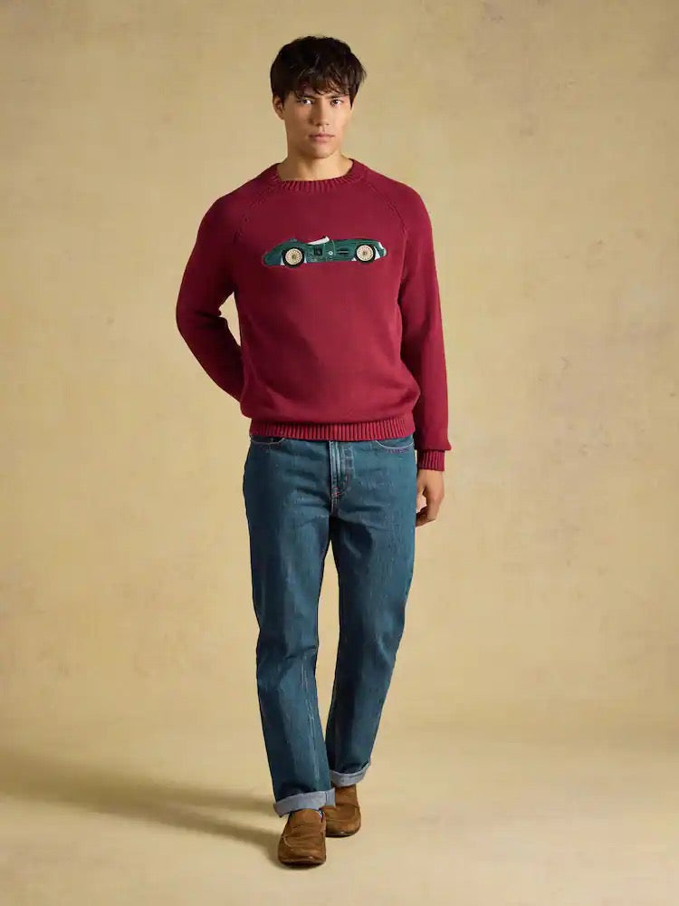 Joules Intarsia Crew Neck Burgundy Car Jumper