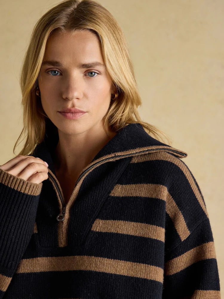 Joules Waverley Wool-Rich Navy & Tan Stripe Quarter Zip Funnel Neck Jumper
