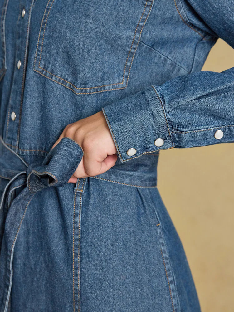 Joules Denim Blue Tie Waist Shirt Dress
