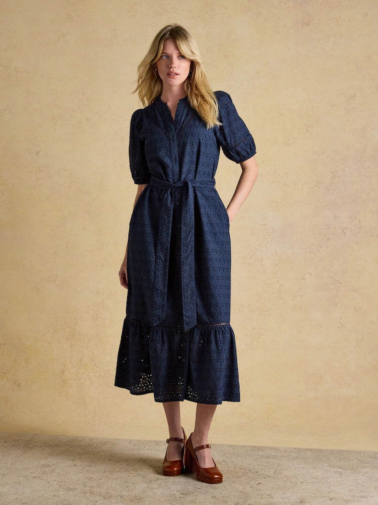 Joules Susanna Navy Short Sleeve Broderie Midi Dress