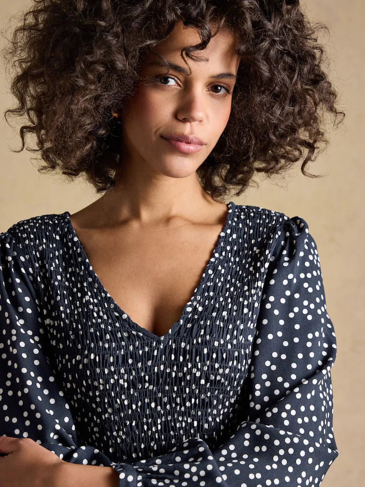 Joules Liliana Navy Spot Shirred V-Neck Midi Dress