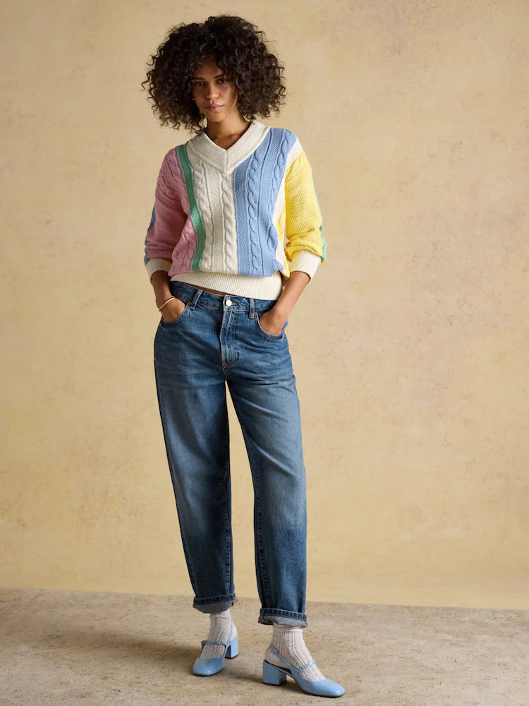 Joules Multi Stripe Cable Knit Cricket Cotton Jumper