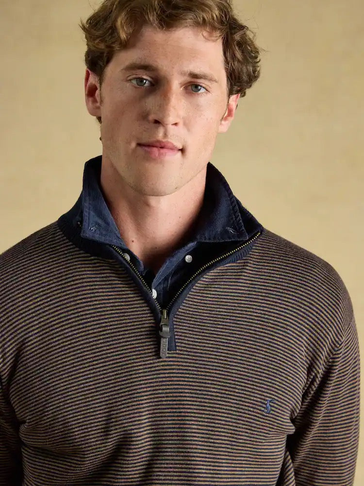 Joules Hillside Navy & Brown Striped Quarter Zip Knitted Jumper
