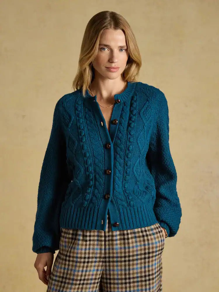 Joules Rafferty Petrol Cable Knit Crew Neck Cardigan