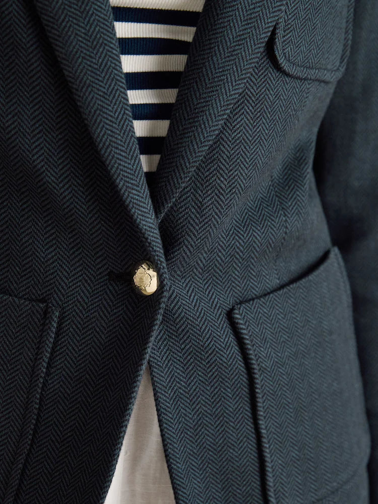 Joules Albury Navy Herringbone Jersey Tweed Blazer