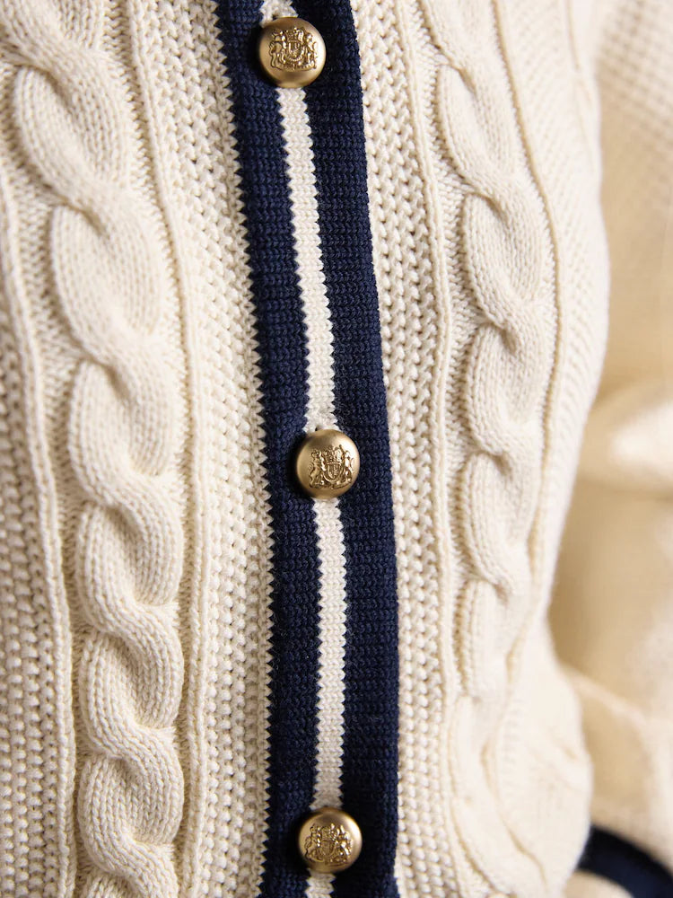 Joules Cream Cotton Cable Knit Cardigan With Crew Neck